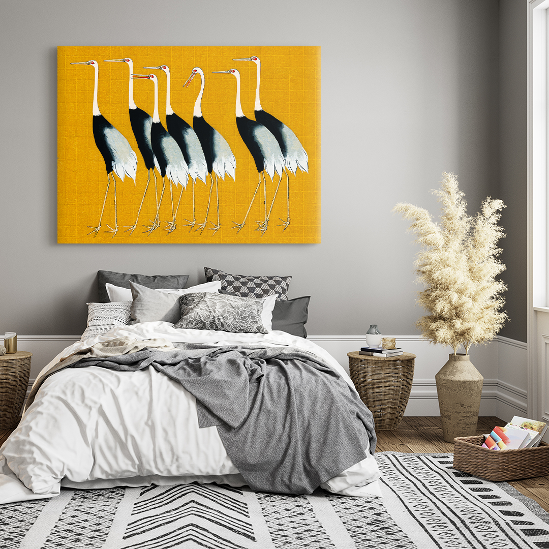Visualization canvas with cranes in bedroom yellow