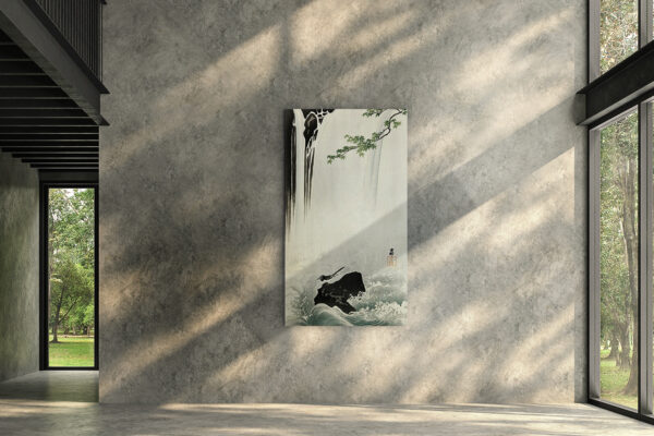Japanese wagtail at waterfall by Ohara Koson art print premium on canvas